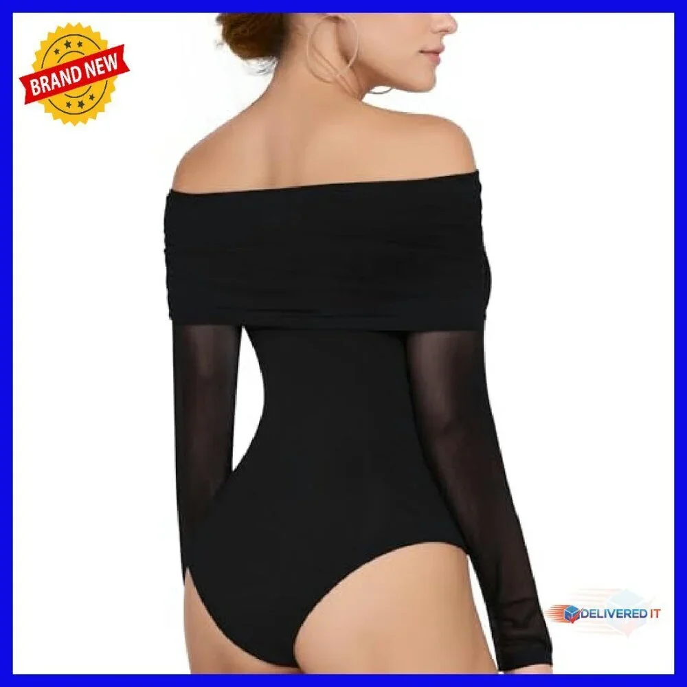 Sheer Mesh Off Shoulder Bodysuit Long Sleeve Backless Double Lined